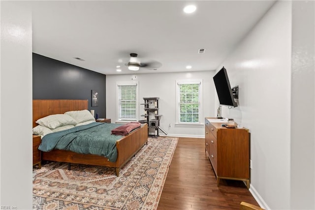 527 Lakeshead Dr, Williamsburg, VA 23185 - bedroom with wood-type flooring, recessed lighting, baseboards, and ceiling fan