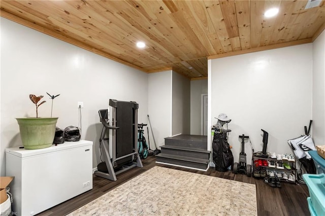 527 Lakeshead Dr, Williamsburg, VA 23185 - workout room featuring crown molding, wooden ceiling, recessed lighting, and dark wood-style flooring