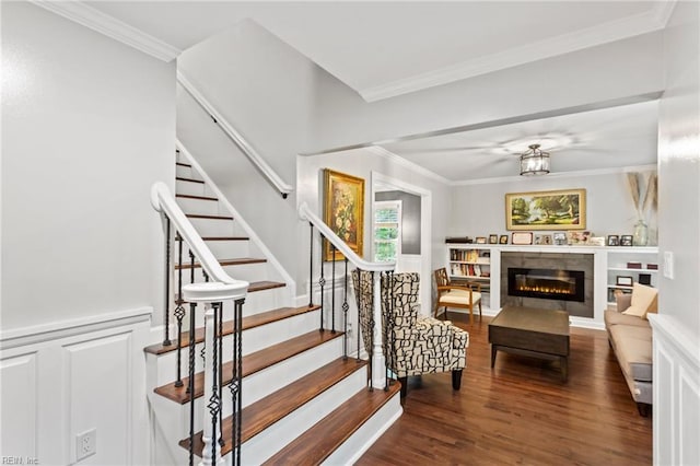 527 Lakeshead Dr, Williamsburg, VA 23185 - stairway with wood finished floors, crown molding, and a fireplace