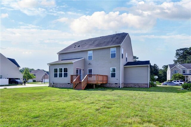 20 Pickins Dr, Poquoson, VA 23662 - rear view of house with crawl space, a wooden deck, and a yard