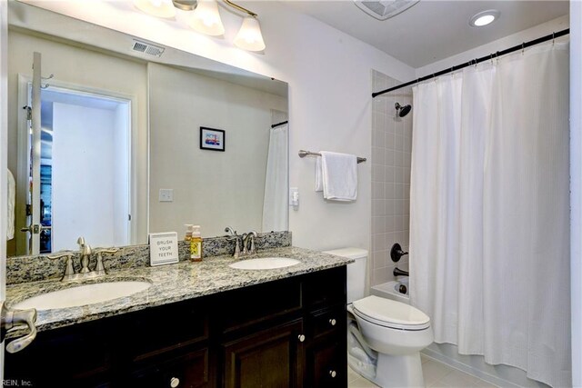 20 Pickins Dr, Poquoson, VA 23662 - bathroom with double vanity, shower / bathtub combination with curtain, toilet, and tile patterned floors