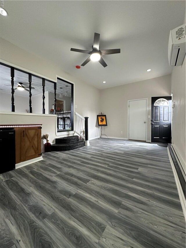 2800 Candlewood Cir, Chesapeake, VA 23324 - unfurnished living room with a wall mounted AC, dark wood-style floors, ceiling fan, baseboards, and recessed lighting