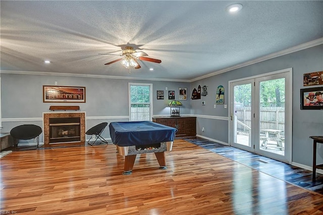 3582 Tennessee Ave, Norfolk, VA 23502 - recreation room featuring a ceiling fan, pool table, wood finished floors, a textured ceiling, and crown molding