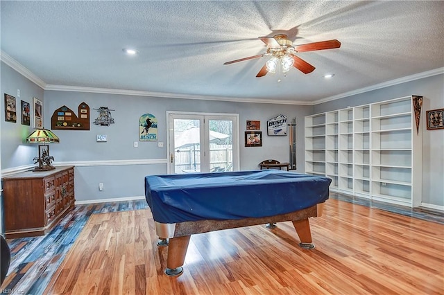 3582 Tennessee Ave, Norfolk, VA 23502 - game room featuring pool table, a ceiling fan, wood finished floors, a textured ceiling, and ornamental molding