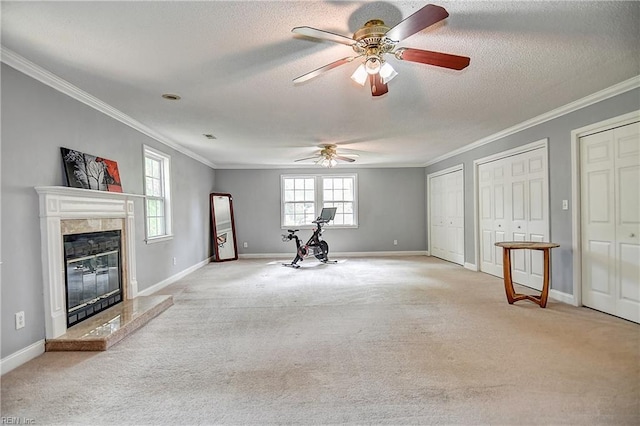 3582 Tennessee Ave, Norfolk, VA 23502 - workout room with ornamental molding, a ceiling fan, light carpet, and a textured ceiling