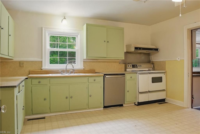 116 Sycamore Rd, Franklin, VA 23851 - kitchen with white range with electric stovetop, stainless steel dishwasher, under cabinet range hood, a sink, and green cabinetry