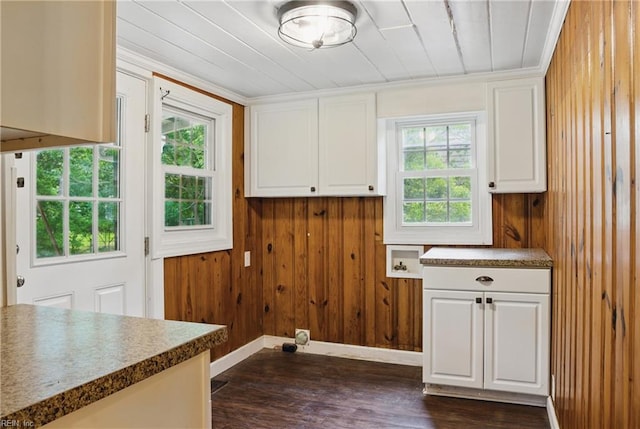 116 Sycamore Rd, Franklin, VA 23851 - laundry room with cabinet space, dark wood-style floors, baseboards, wooden walls, and hookup for a washing machine