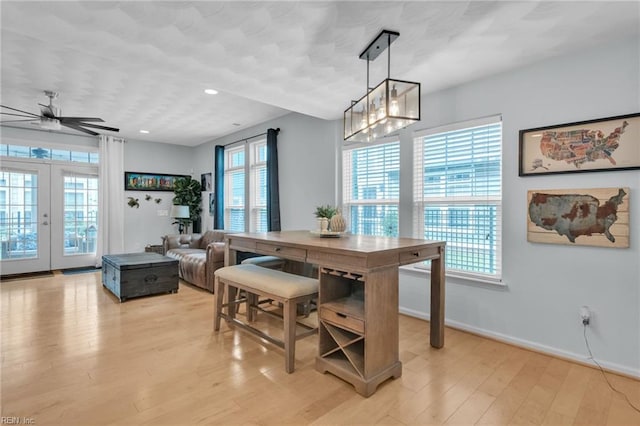 107 Hamilton Ct, Suffolk, VA 23435 - dining room with recessed lighting, light wood finished floors, a ceiling fan, baseboards, and french doors
