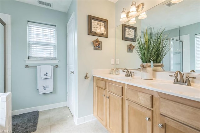 107 Hamilton Ct, Suffolk, VA 23435 - full bath featuring double vanity, baseboards, tile patterned flooring, and a chandelier
