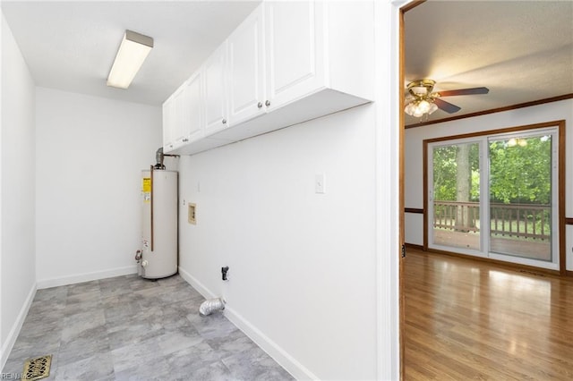 25 Hunter Trce, Hampton, VA 23669 - clothes washing area featuring water heater, cabinet space, ceiling fan, hookup for an electric dryer, and baseboards