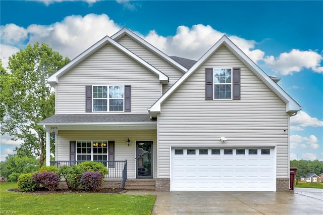 3925 Grand Isle Dr, Chesapeake, VA 23323 - traditional-style home with an attached garage, a porch, driveway, brick siding, and a front lawn