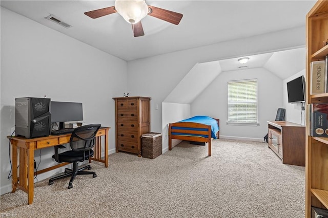 3925 Grand Isle Dr, Chesapeake, VA 23323 - office with vaulted ceiling, light carpet, ceiling fan, and baseboards