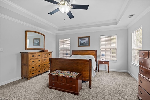 3925 Grand Isle Dr, Chesapeake, VA 23323 - carpeted bedroom featuring a raised ceiling, crown molding, baseboards, and a ceiling fan
