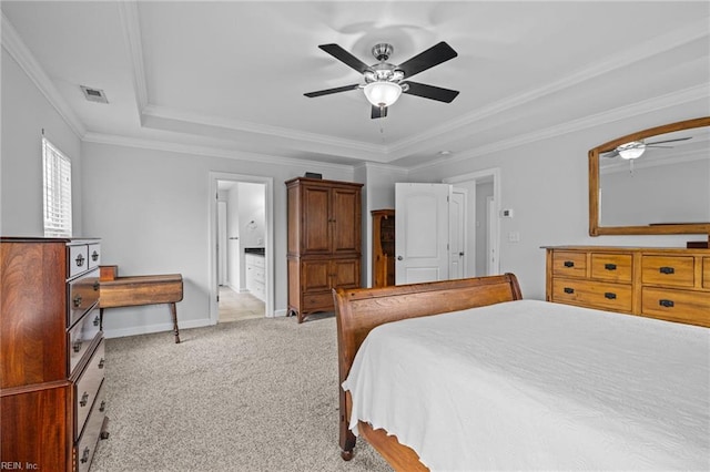 3925 Grand Isle Dr, Chesapeake, VA 23323 - bedroom featuring a raised ceiling, light carpet, baseboards, crown molding, and ceiling fan