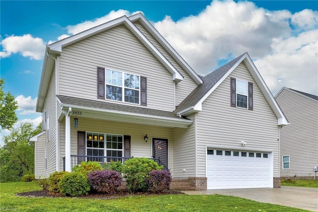 3925 Grand Isle Dr, Chesapeake, VA 23323 - traditional-style house with concrete driveway, an attached garage, a porch, and a shingled roof
