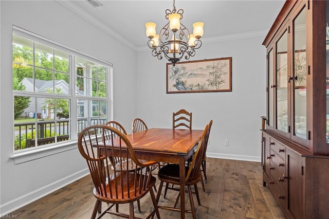 3925 Grand Isle Dr, Chesapeake, VA 23323 - dining area featuring a chandelier, dark wood-style floors, baseboards, and ornamental molding