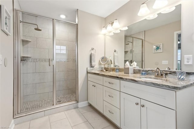 1430 Poquoson Ave, Poquoson, VA 23662 - full bathroom with a shower stall, double vanity, and tile patterned flooring