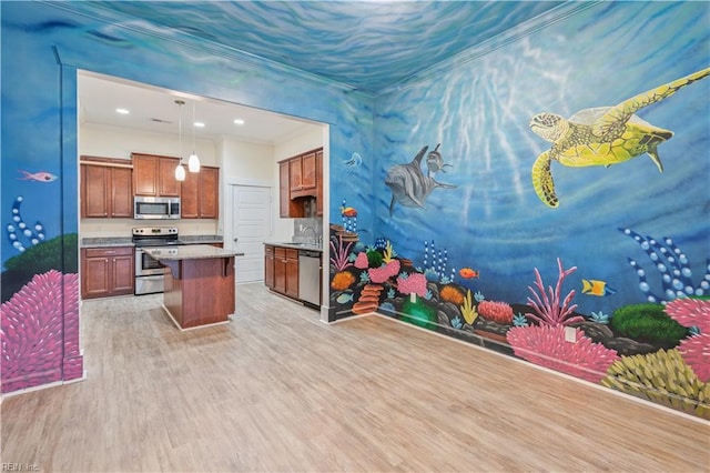 1278 Little Bay Ave Unit B, Norfolk, VA 23503 - kitchen featuring appliances with stainless steel finishes, crown molding, light wood finished floors, a kitchen island, and hanging light fixtures