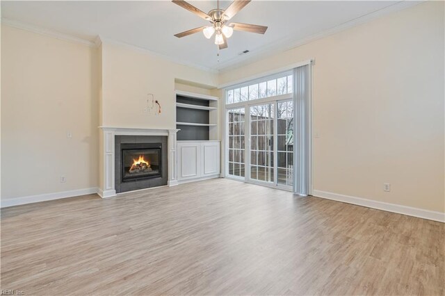 1278 Little Bay Ave Unit B, Norfolk, VA 23503 - unfurnished living room with light wood finished floors, ceiling fan, a glass covered fireplace, baseboards, and ornamental molding