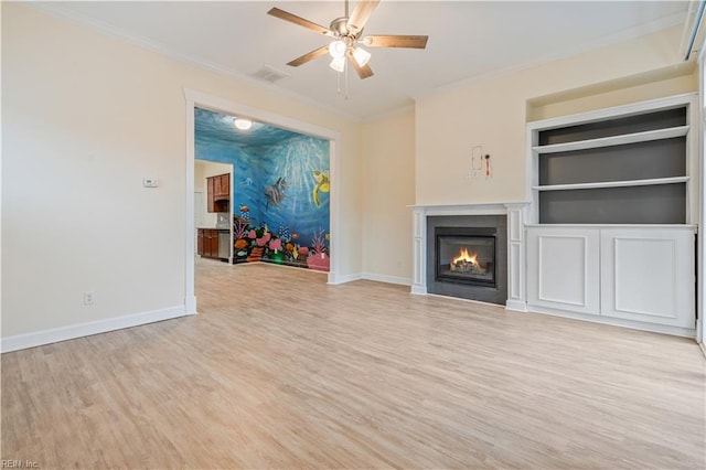 1278 Little Bay Ave Unit B, Norfolk, VA 23503 - unfurnished living room with crown molding, light wood-style floors, a ceiling fan, a glass covered fireplace, and baseboards