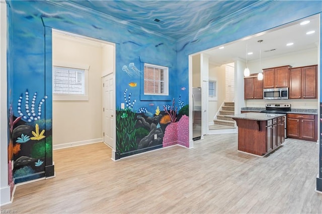 1278 Little Bay Ave Unit B, Norfolk, VA 23503 - kitchen with stainless steel appliances, light wood-style flooring, baseboards, ornamental molding, and pendant lighting