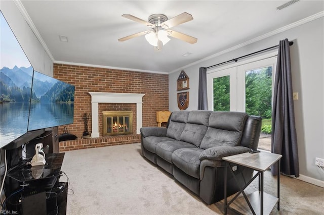 155 Wilderness Rd, Hampton, VA 23669 - living room with carpet, crown molding, a ceiling fan, a brick fireplace, and brick wall