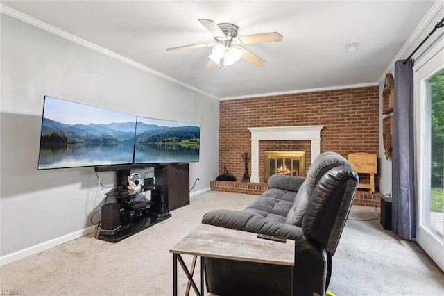 155 Wilderness Rd, Hampton, VA 23669 - living area with carpet flooring, ceiling fan, a fireplace, baseboards, and ornamental molding