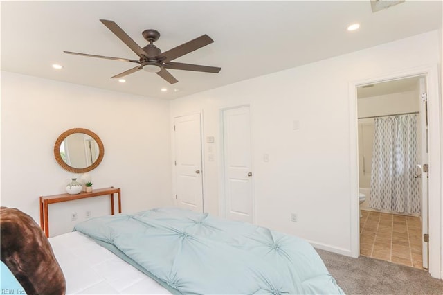 1060 Fairgrounds Ln, Suffolk, VA 23434 - carpeted bedroom featuring recessed lighting, ensuite bath, baseboards, and a ceiling fan