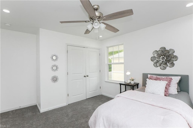 1060 Fairgrounds Ln, Suffolk, VA 23434 - bedroom featuring carpet flooring, recessed lighting, baseboards, a closet, and ceiling fan