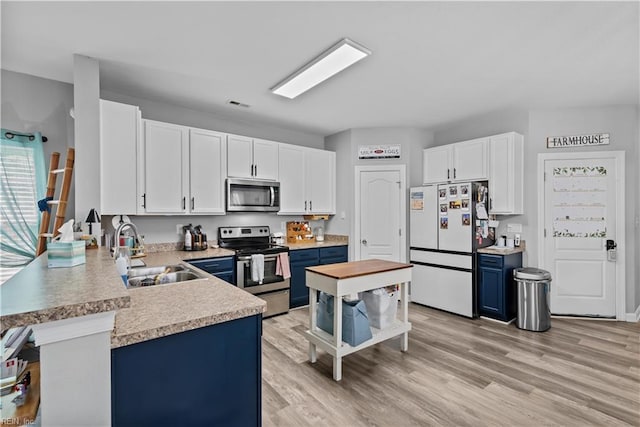 kitchen with stainless steel appliances, a sink, blue cabinets, light countertops, and white cabinets