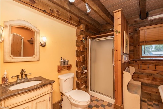 bathroom with beam ceiling, wooden ceiling, a stall shower, toilet, and vanity