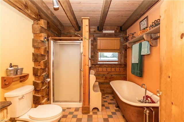 bathroom with wooden ceiling, tile patterned floors, toilet, beamed ceiling, and a shower stall