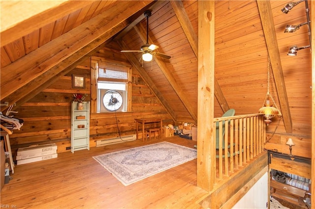 bonus room with wood ceiling, wooden walls, baseboard heating, ceiling fan, and wood finished floors