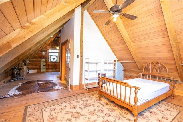 bedroom featuring wood ceiling, wood walls, and wood-type flooring