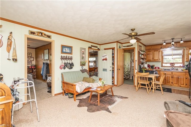 living area featuring a ceiling fan, light carpet, and crown molding