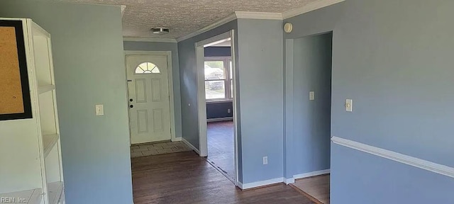 49 Church St, Poquoson, VA 23662 - foyer with dark wood-style floors, a textured ceiling, ornamental molding, and baseboards