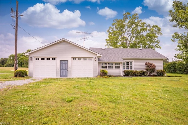 13542 Brink Rd, Emporia, VA 23847 - ranch-style house featuring gravel driveway, a front lawn, roof with shingles, and a garage