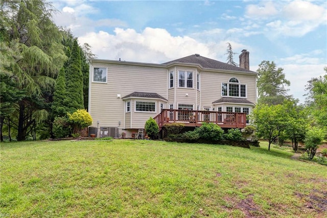 4901 Toddington Cir, Williamsburg, VA 23188 - rear view of property with a chimney, a deck, a yard, and central AC