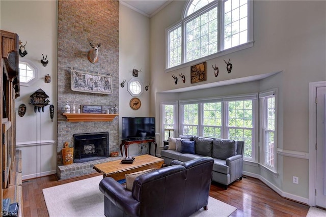 4901 Toddington Cir, Williamsburg, VA 23188 - living area with a towering ceiling, healthy amount of natural light, wood finished floors, a large fireplace, and ornamental molding