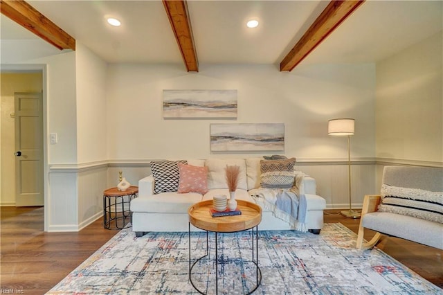 1305 Oak Ridge Dr, Chesapeake, VA 23322 - living area with wood finished floors, beamed ceiling, recessed lighting, and wainscoting