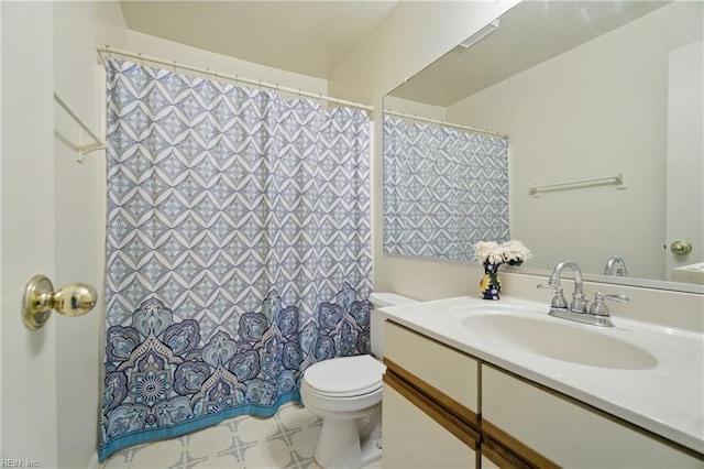 full bath with toilet, vanity, a shower with shower curtain, and tile patterned flooring