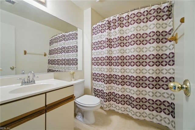bathroom with toilet, vanity, tile patterned floors, and a shower with curtain