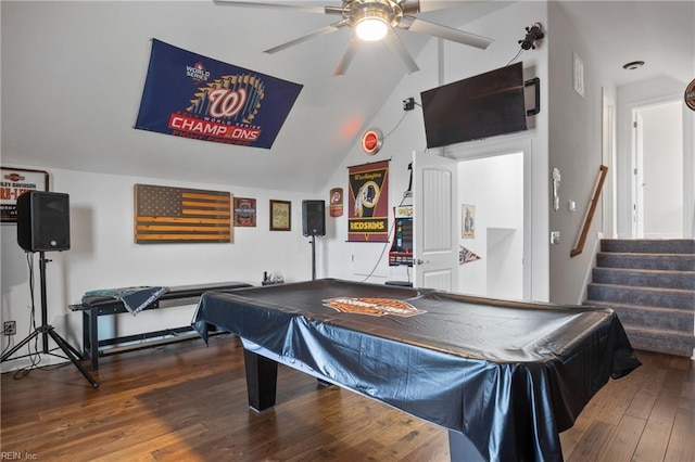 121 Algonquin Trl, Shawboro, NC 27973 - recreation room with pool table, ceiling fan, wood-type flooring, and high vaulted ceiling
