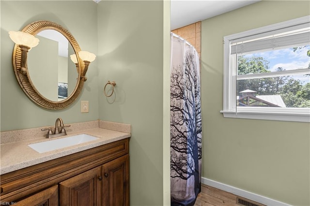 2740 Duckwood Ct, Suffolk, VA 23435 - bathroom featuring wood finished floors, vanity, baseboards, and a shower with curtain