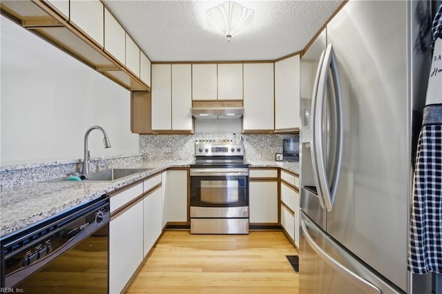 411 Rhode Island Ave, Norfolk, VA 23508 - kitchen with appliances with stainless steel finishes, under cabinet range hood, a sink, light wood-type flooring, and backsplash