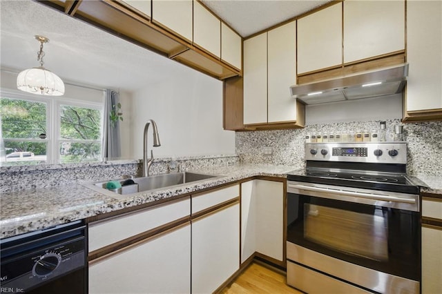 411 Rhode Island Ave, Norfolk, VA 23508 - kitchen featuring stainless steel range with electric stovetop, under cabinet range hood, a sink, black dishwasher, and tasteful backsplash