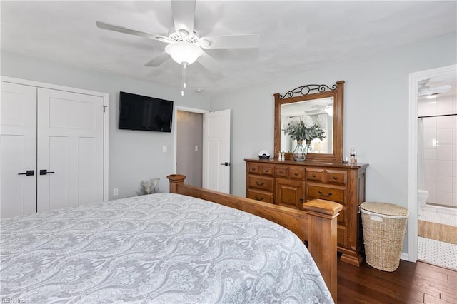 216 Stubbs Dr, Chesapeake, VA 23323 - bedroom featuring dark wood-type flooring, a closet, ceiling fan, and ensuite bath