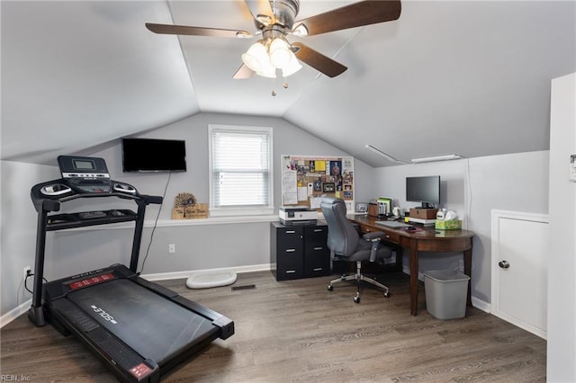 216 Stubbs Dr, Chesapeake, VA 23323 - office space featuring a ceiling fan, wood finished floors, vaulted ceiling, and baseboards