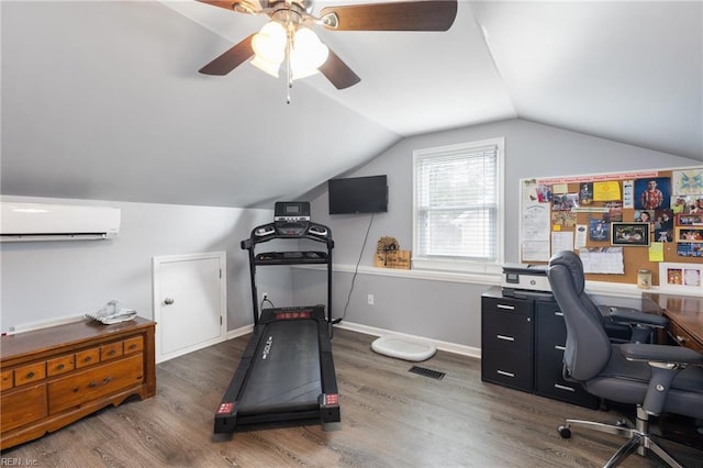 216 Stubbs Dr, Chesapeake, VA 23323 - exercise room featuring a wall unit AC, wood finished floors, ceiling fan, vaulted ceiling, and baseboards