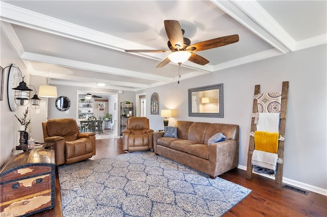 216 Stubbs Dr, Chesapeake, VA 23323 - living room featuring a ceiling fan, beam ceiling, wood finished floors, baseboards, and crown molding